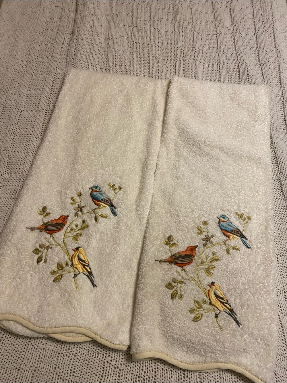 Embroidered Bird Hand Towels - Cream with Blue, Orange & Yellow